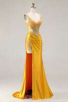 Load image into Gallery viewer, Sparkly Yellow Satin Mermaid Long Corset Prom Dress with Slit