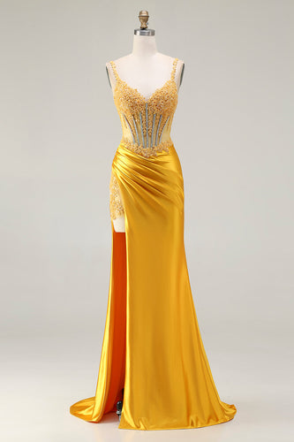 Sparkly Yellow Satin Mermaid Long Corset Prom Dress with Slit