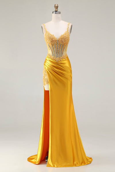 Sparkly Yellow Satin Mermaid Long Corset Prom Dress with Slit