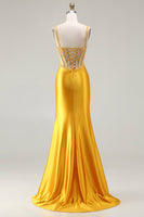 Load image into Gallery viewer, Sparkly Yellow Satin Mermaid Long Corset Prom Dress with Slit