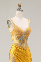 Load image into Gallery viewer, Sparkly Yellow Satin Mermaid Long Corset Prom Dress with Slit