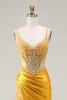 Load image into Gallery viewer, Sparkly Yellow Satin Mermaid Long Corset Prom Dress with Slit