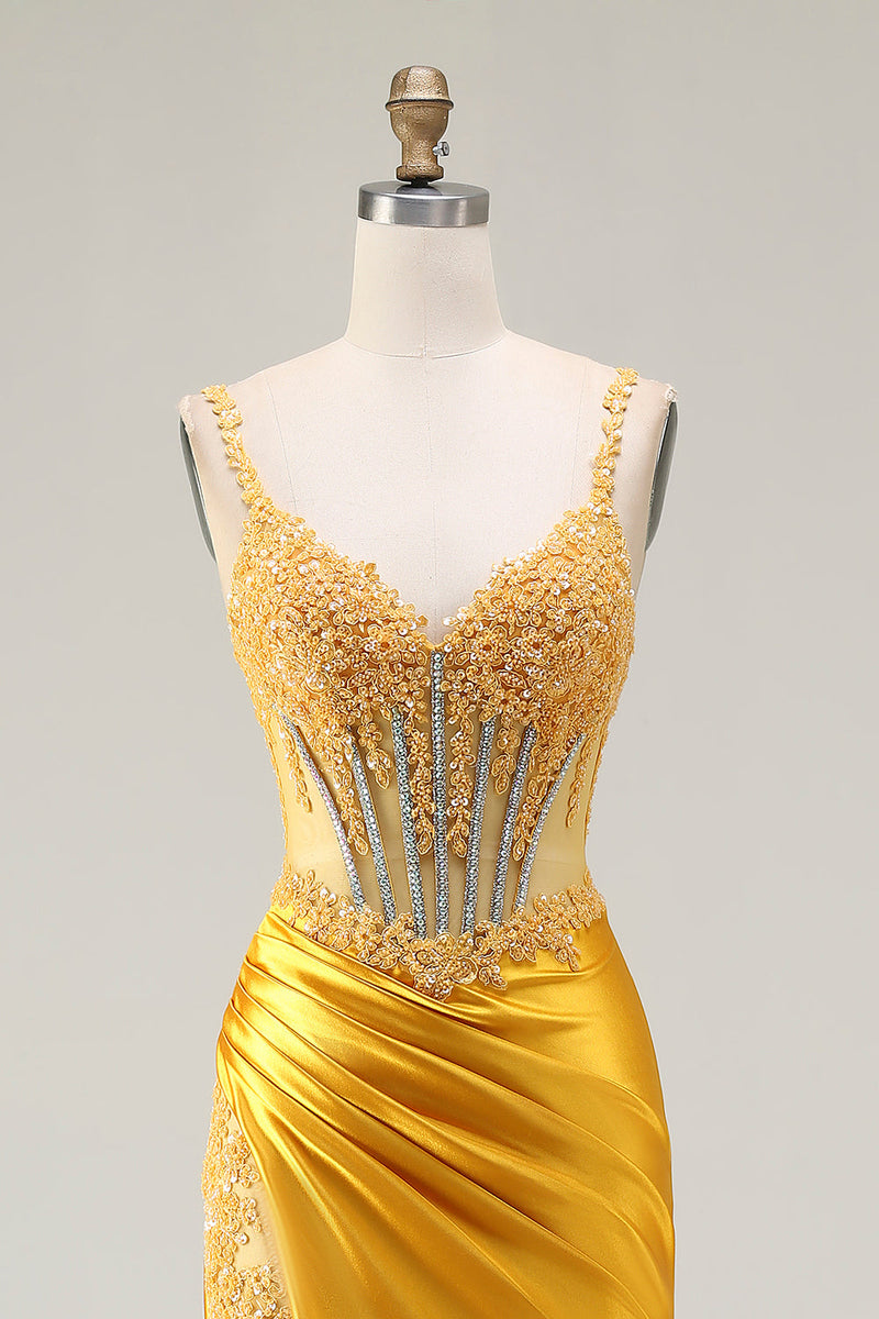 Load image into Gallery viewer, Sparkly Yellow Satin Mermaid Long Corset Prom Dress with Slit