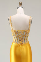 Load image into Gallery viewer, Sparkly Yellow Satin Mermaid Long Corset Prom Dress with Slit