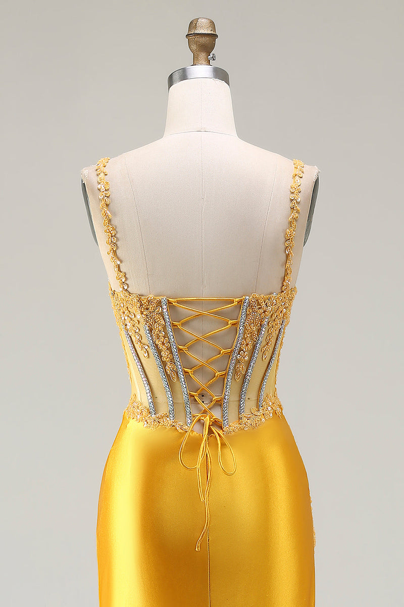 Load image into Gallery viewer, Sparkly Yellow Satin Mermaid Long Corset Prom Dress with Slit