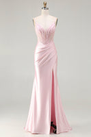 Load image into Gallery viewer, Sparkly Pink Satin Mermaid Corset Long Prom Dress with Slit