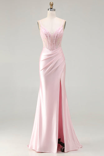 Sparkly Pink Satin Mermaid Corset Long Prom Dress with Slit