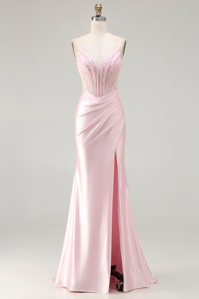 Sparkly Pink Satin Mermaid Corset Long Prom Dress with Slit