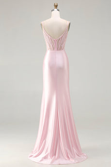 Sparkly Pink Satin Mermaid Corset Long Prom Dress with Slit