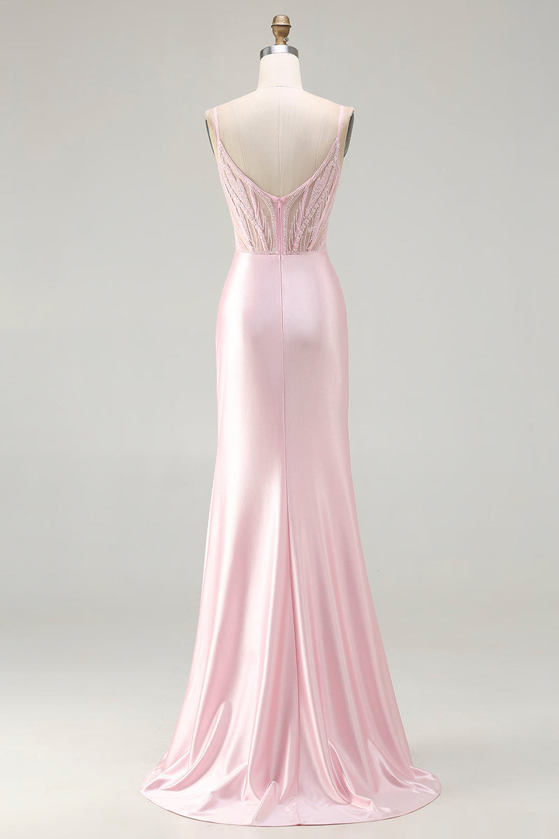 Load image into Gallery viewer, Sparkly Pink Satin Mermaid Corset Long Prom Dress with Slit