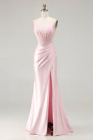 Load image into Gallery viewer, Sparkly Pink Satin Mermaid Corset Long Prom Dress with Slit