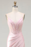 Load image into Gallery viewer, Sparkly Pink Satin Mermaid Corset Long Prom Dress with Slit