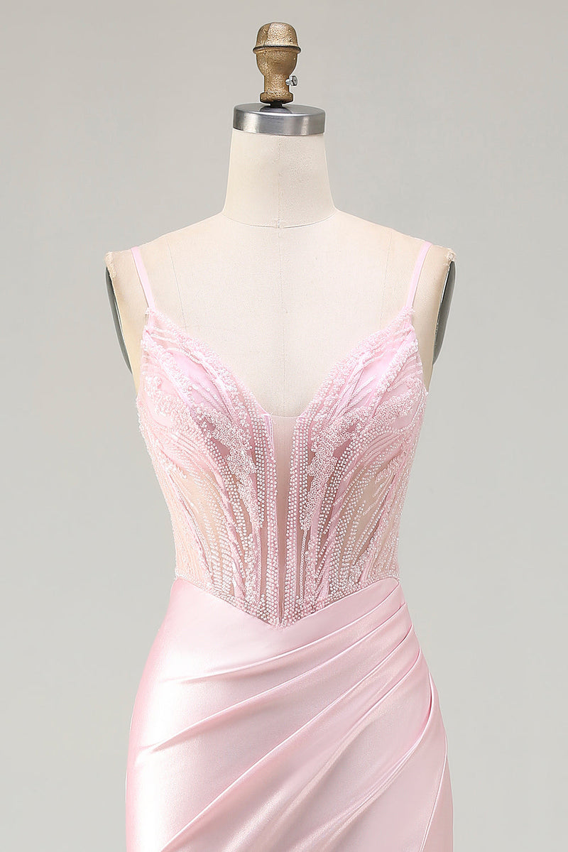 Load image into Gallery viewer, Sparkly Pink Satin Mermaid Corset Long Prom Dress with Slit