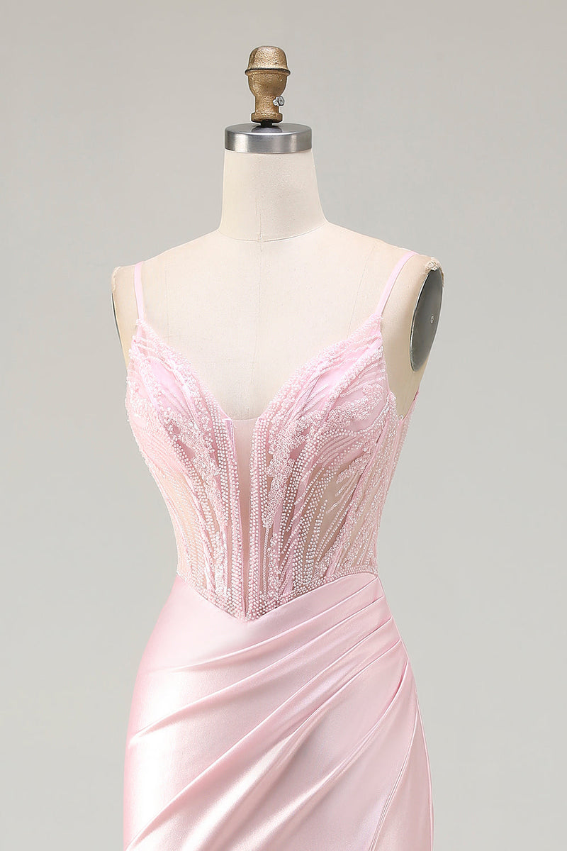 Load image into Gallery viewer, Sparkly Pink Satin Mermaid Corset Long Prom Dress with Slit