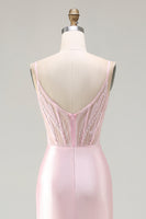 Load image into Gallery viewer, Sparkly Pink Satin Mermaid Corset Long Prom Dress with Slit