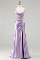 Load image into Gallery viewer, Sparkly Light Purple Floral Spaghetti Straps Long Corset Prom Dress with Slit