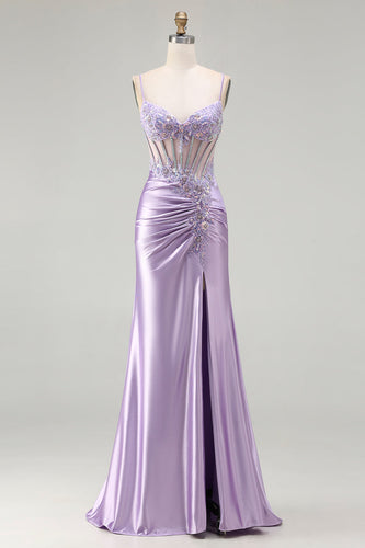 Sparkly Light Purple Floral Spaghetti Straps Long Corset Prom Dress with Slit