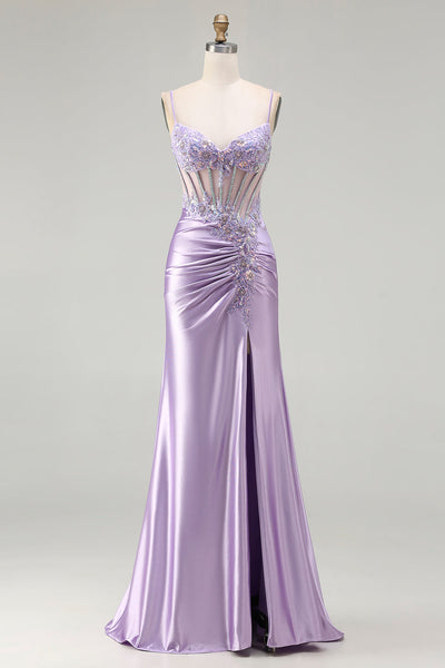 Sparkly Light Purple Floral Spaghetti Straps Long Corset Prom Dress with Slit
