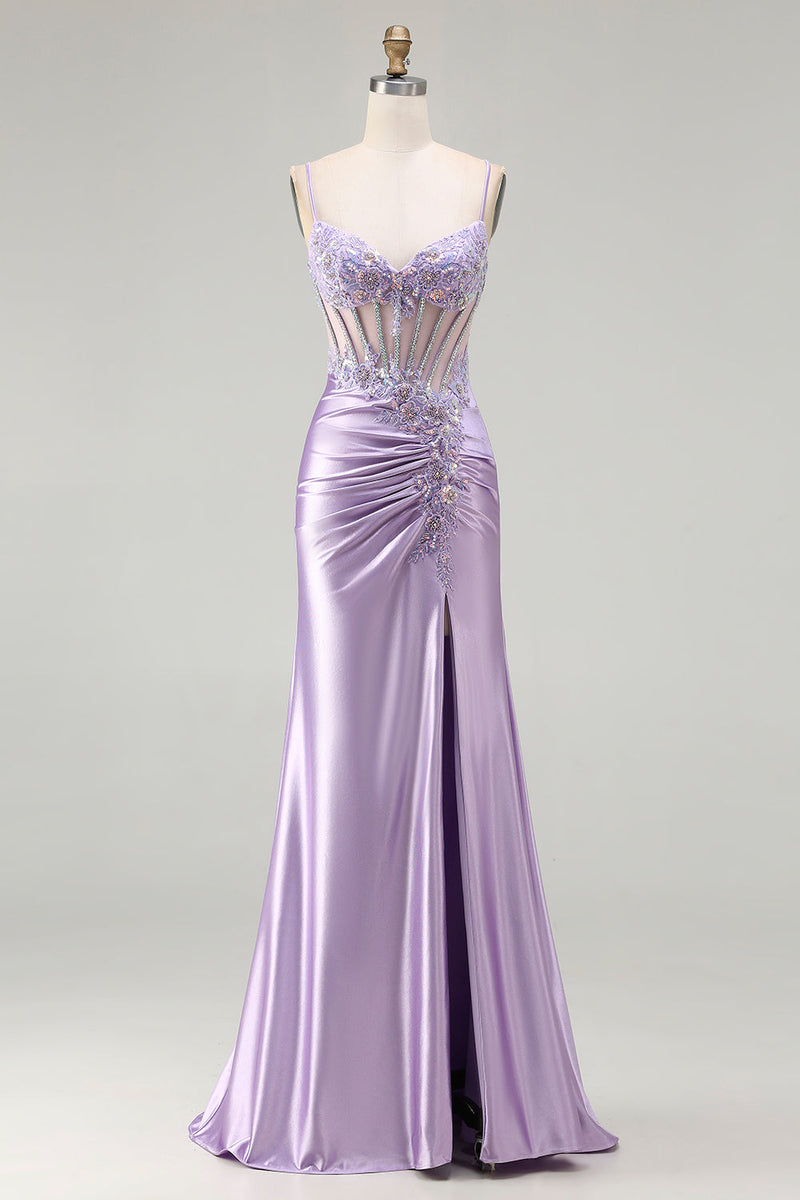 Load image into Gallery viewer, Sparkly Light Purple Floral Spaghetti Straps Long Corset Prom Dress with Slit