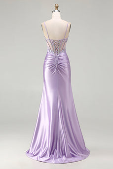 Sparkly Light Purple Floral Spaghetti Straps Long Corset Prom Dress with Slit