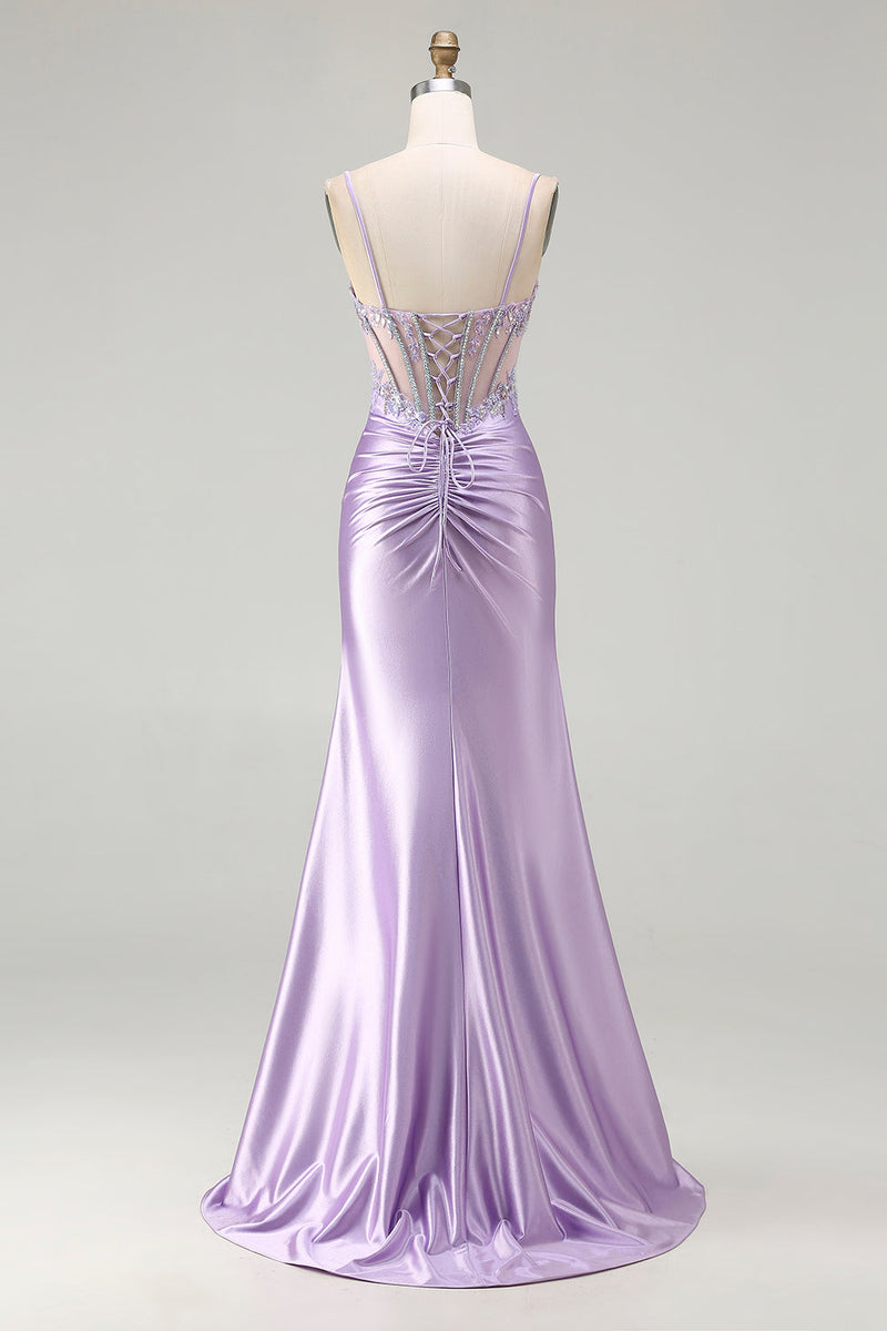Load image into Gallery viewer, Sparkly Light Purple Floral Spaghetti Straps Long Corset Prom Dress with Slit