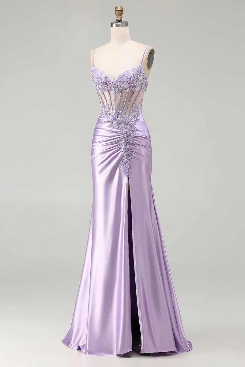 Load image into Gallery viewer, Sparkly Light Purple Floral Spaghetti Straps Long Corset Prom Dress with Slit