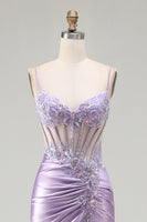 Load image into Gallery viewer, Sparkly Light Purple Floral Spaghetti Straps Long Corset Prom Dress with Slit