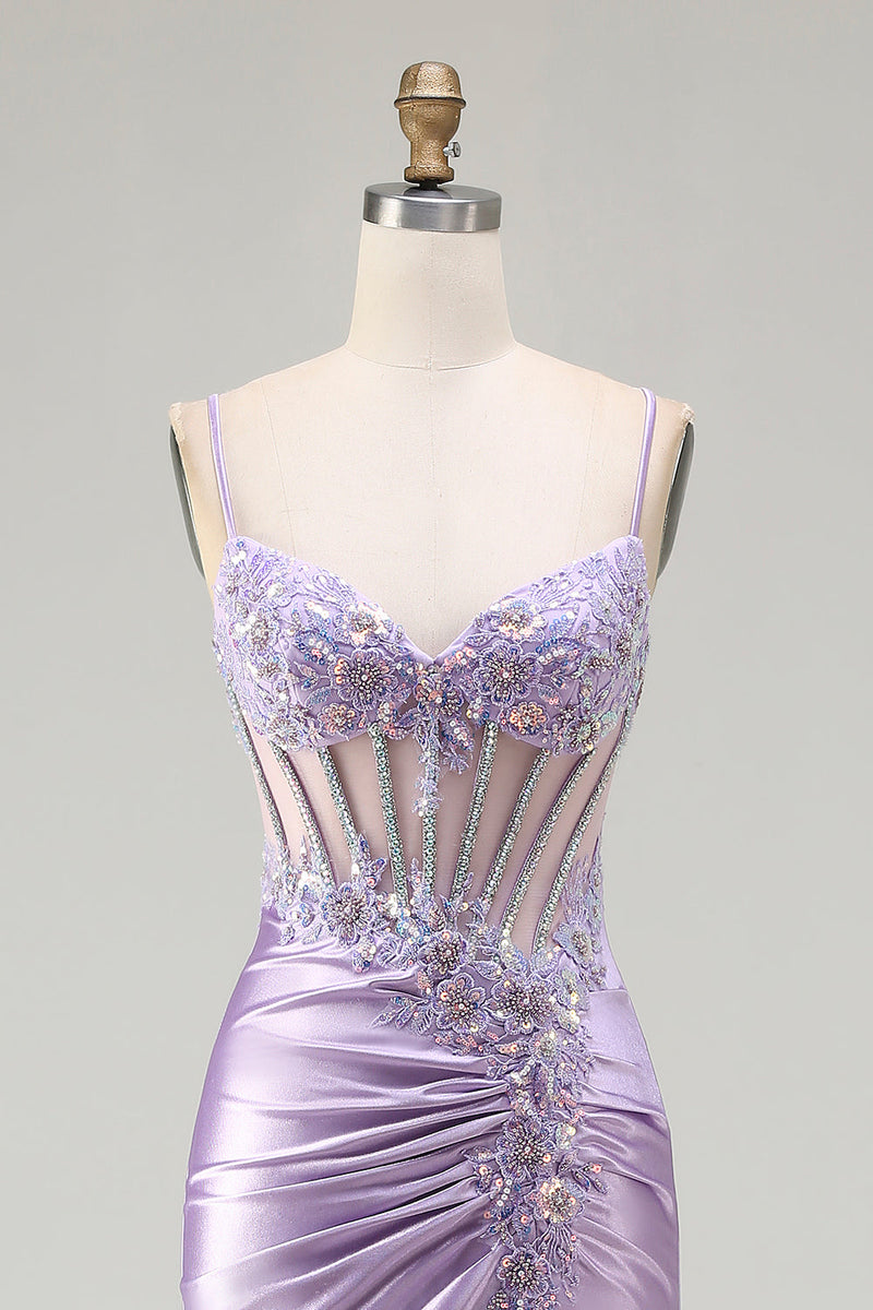 Load image into Gallery viewer, Sparkly Light Purple Floral Spaghetti Straps Long Corset Prom Dress with Slit