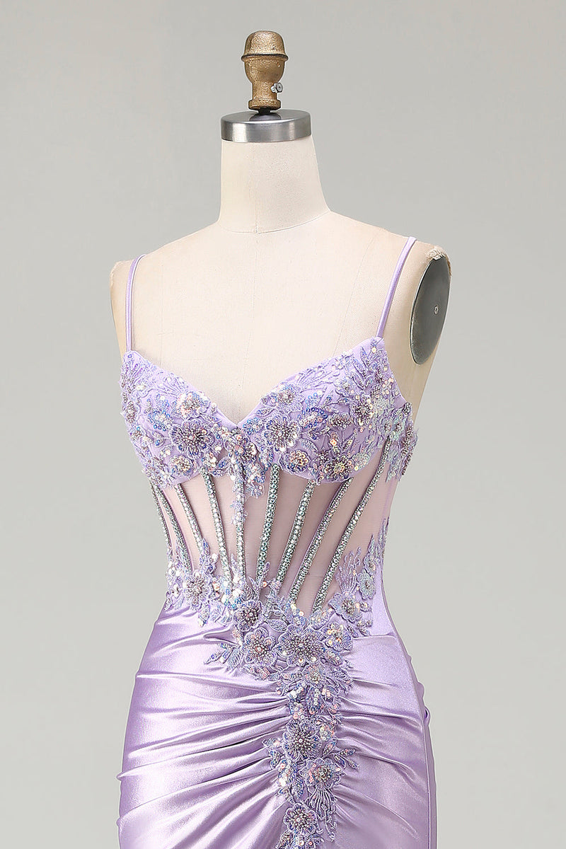 Load image into Gallery viewer, Sparkly Light Purple Floral Spaghetti Straps Long Corset Prom Dress with Slit