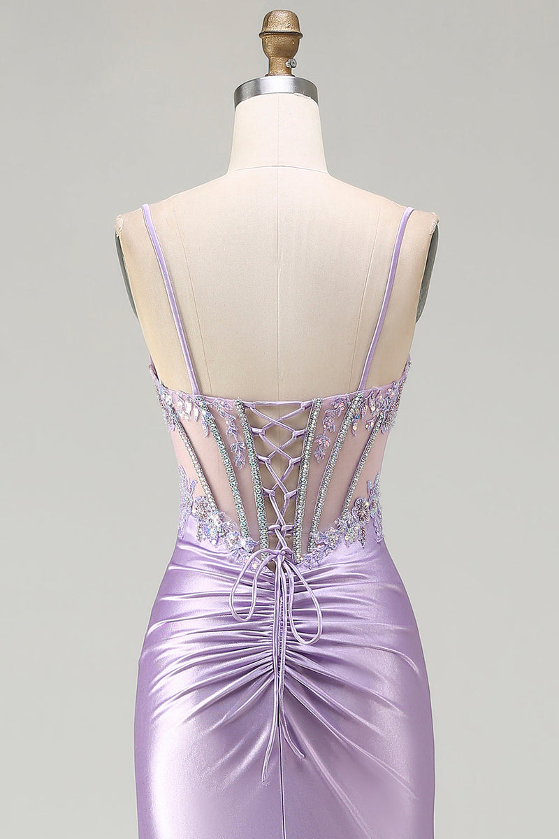 Load image into Gallery viewer, Sparkly Light Purple Floral Spaghetti Straps Long Corset Prom Dress with Slit