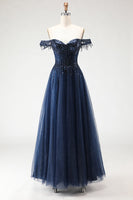Load image into Gallery viewer, Sparkly Navy Tulle Long Corset Prom Dress with Beading