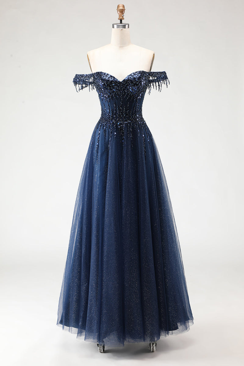 Load image into Gallery viewer, Sparkly Navy Tulle Long Corset Prom Dress with Beading