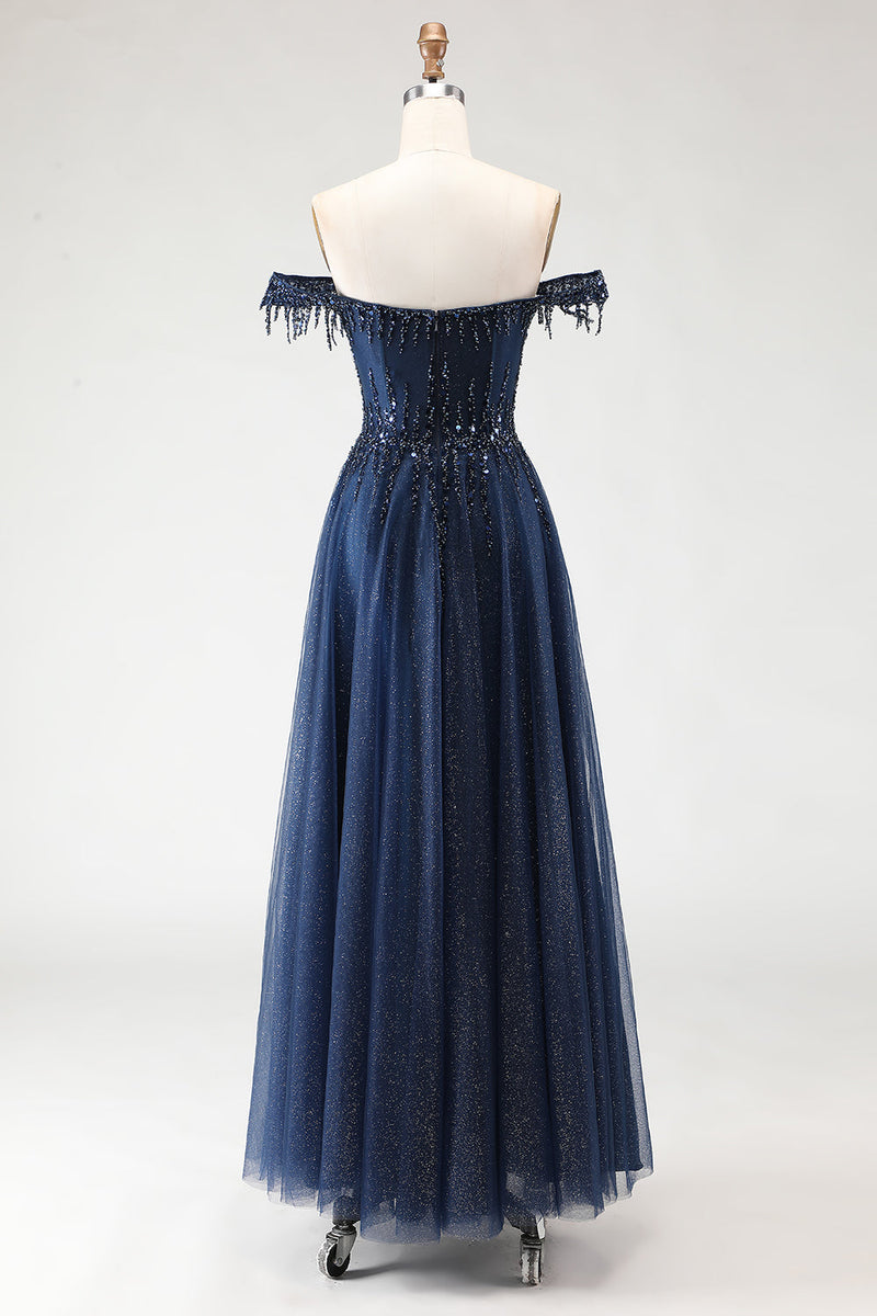 Load image into Gallery viewer, Sparkly Navy Tulle Long Corset Prom Dress with Beading