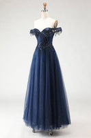 Load image into Gallery viewer, Sparkly Navy Tulle Long Corset Prom Dress with Beading