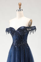 Load image into Gallery viewer, Sparkly Navy Tulle Long Corset Prom Dress with Beading