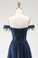 Load image into Gallery viewer, Sparkly Navy Tulle Long Corset Prom Dress with Beading
