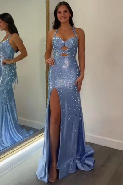 Sparkly Grey Blue Beaded Mermaid Long Prom Dress with Keyhole