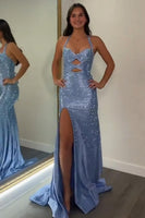 Load image into Gallery viewer, Sparkly Grey Blue Beaded Mermaid Long Prom Dress with Keyhole
