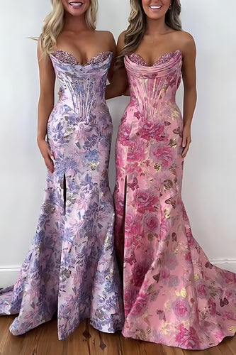 Sparkly Blush Floral Mermaid Long Corset Prom Dress with Slit