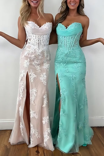 Green Sweetheart Mermaid Long Corset Prom Dress with Appliques