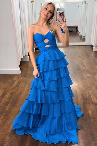 Dark Blue Sweetheart Ruffled A Line Long Prom Dress with Keyhole