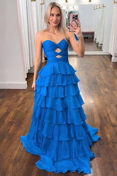 Dark Blue Sweetheart Ruffled A Line Long Prom Dress with Keyhole