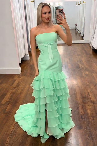 Green Strapless Ruffled Sheath Long Prom Dress with Slit