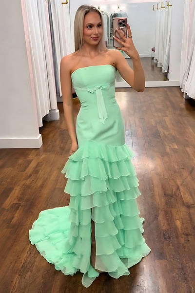 Green Strapless Ruffled Sheath Long Prom Dress with Slit