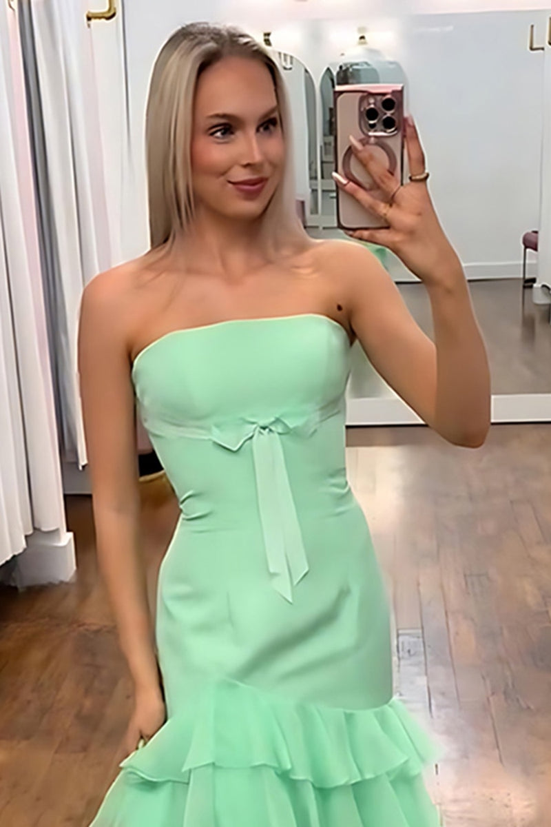 Load image into Gallery viewer, Green Strapless Ruffled Sheath Long Prom Dress with Slit