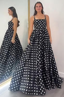 Load image into Gallery viewer, Black and White Polka Dots Spaghetti Straps A Line Long Prom Dress