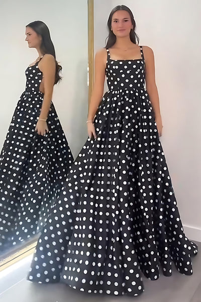 Black and White Polka Dots Spaghetti Straps A Line Long Prom Dress