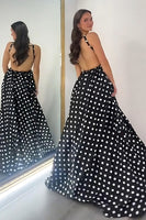 Load image into Gallery viewer, Black and White Polka Dots Spaghetti Straps A Line Long Prom Dress
