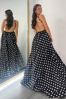 Black and White Polka Dots Spaghetti Straps A Line Long Prom Dress