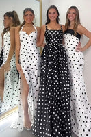 Load image into Gallery viewer, Black and White Polka Dots Spaghetti Straps A Line Long Prom Dress